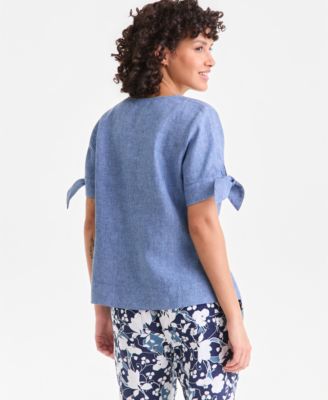 Petite 100% Linen Split-Neck Tie Sleeve Top