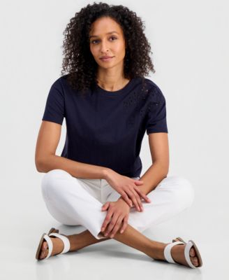 Women's Cotton Solid Embroidered T-Shirt