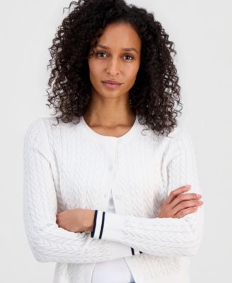 Women's Cable-Knit Striped-Cuff Cardigan Sweater