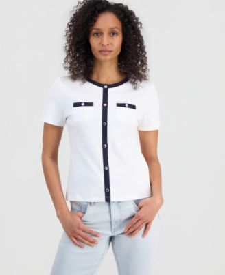 Women's Cotton Cardigan-Look Short-Sleeve Knit Top