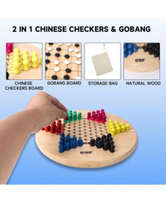 11.5" Wood 2-in-1 Chinese Checkers and Gobang Board Game with 66 Colorful Wooden Pegs and Stones