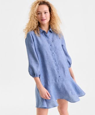 Women's 100% Linen Button-Front 3/4-Sleeve Dress