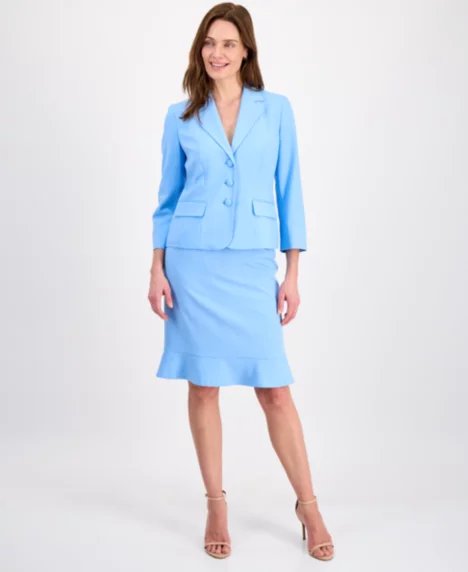 Women's Three-Button Seamed Flounce-Hem Skirt Suit - Clear Sky