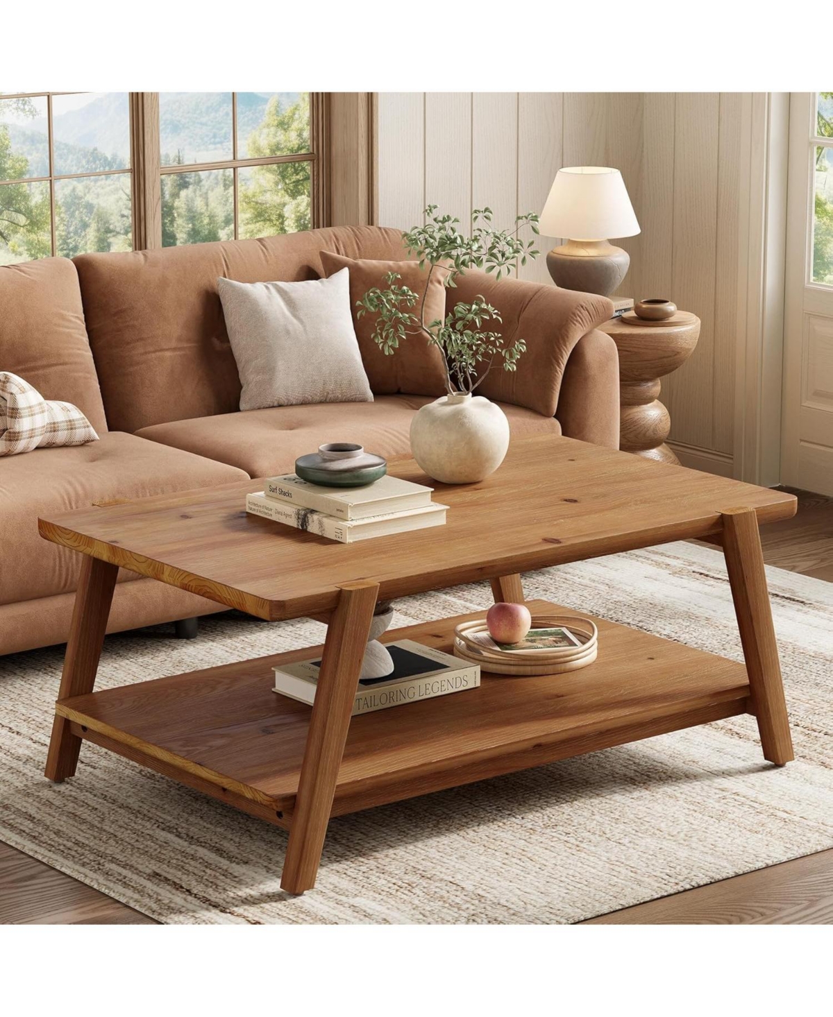 Tribesigns 47-Inch Solid Wood Coffee Table, 2-Tier Farmhouse Rectangular Accent Center Cocktail Tea Table with Storage, Rustic Brown