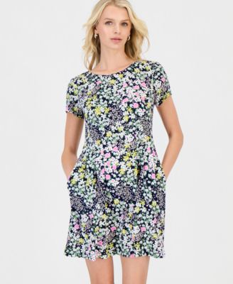 Petite Floral-Print Pintuck Short-Sleeve Dress