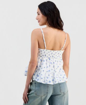 Juniors' Printed Eyelet Babydoll Top