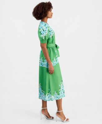 Women's Belted Printed Button-Front Midi Dress