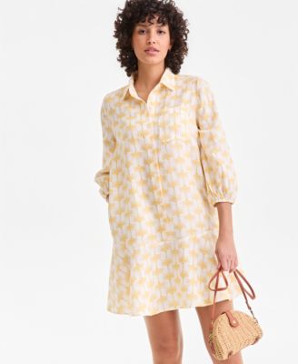 Women's 100% Linen Print Button-Front 3/4-Sleeve Dress