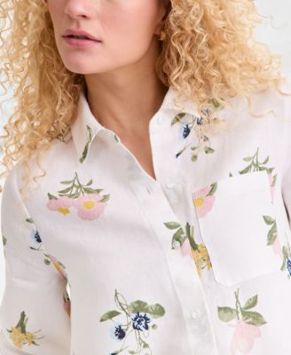 Women's 100% Linen Print Button-Front 3/4-Sleeve Dress