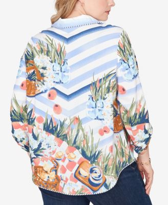 Plus Size Picnic Print Poplin Tied Snap Front Top