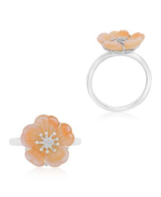 Imitation Pearl and Diamond (0.028 ct. t.w.) Flower Ring in Rhodium Over Sterling Silver
