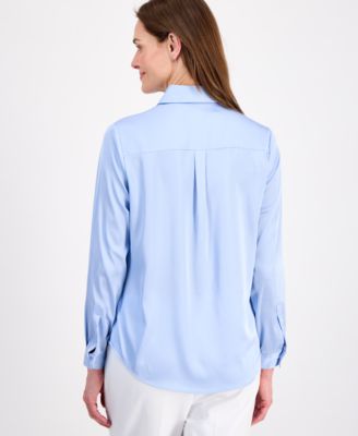 Women's Button-Front Long-Sleeve Collared Neck Blouse