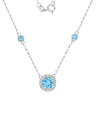 Swiss Blue Topaz (1.86 ct. t.w.) and Created White Sapphire (0.108 ct. t.w.) Necklace in Rhodium Over Sterling Silver