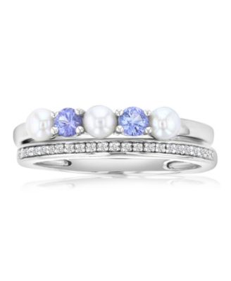 Diamond (0.069 ct. t.w.) Imitation Pearl & Tanzanite Stackable Band Ring Set in Rhodium Over Sterling Silver
