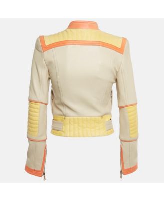 Women's Beige Leather Zip Up Biker Jacket