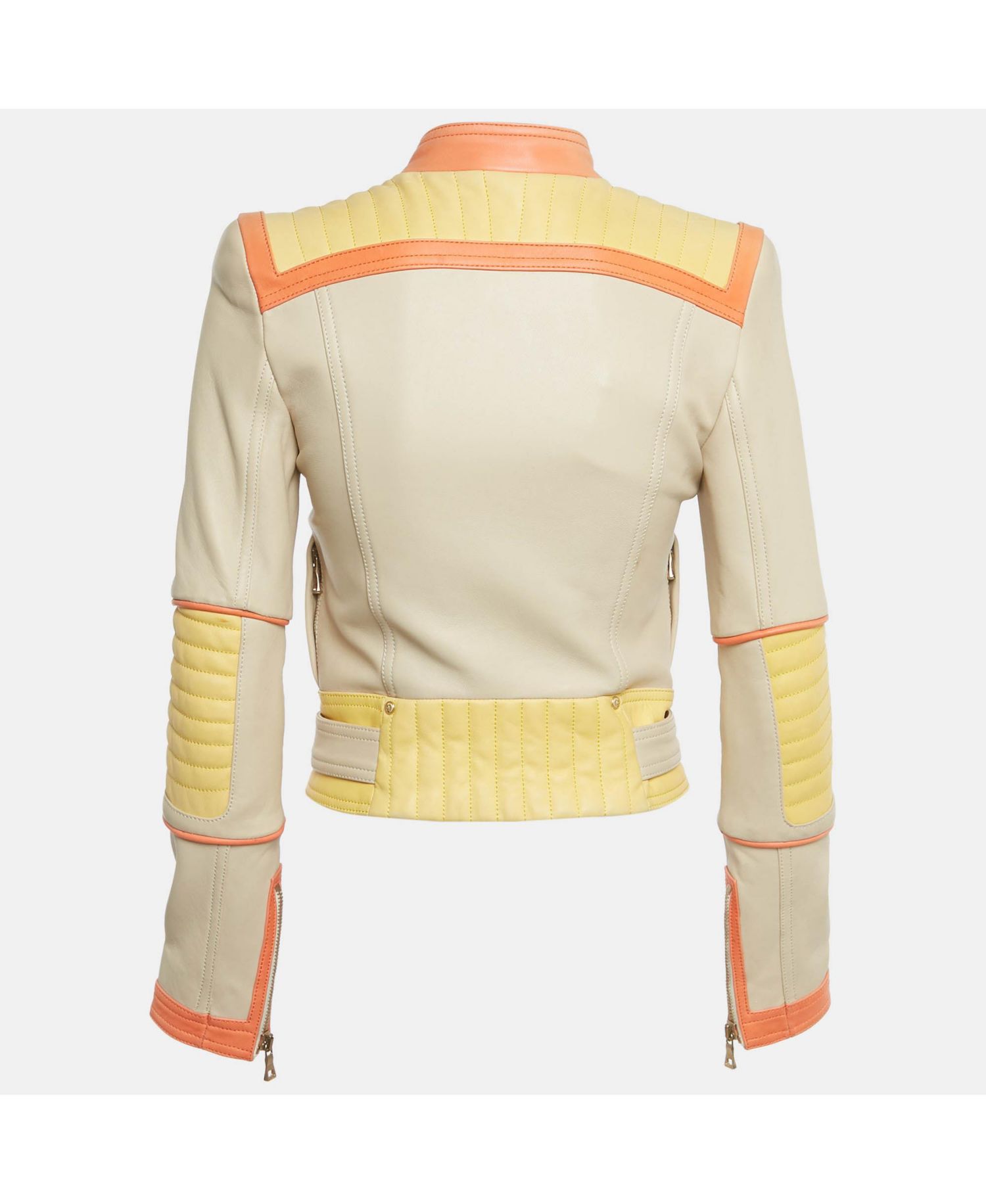 Women's Beige Leather Zip Up Biker Jacket