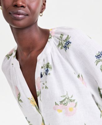 Women's 100% Linen Split-Neck Top