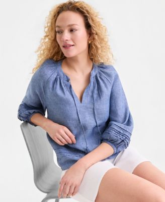 Women's 100% Linen Crochet-Trim Tie-Neck Top