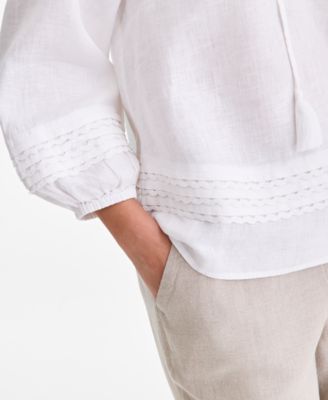 Women's 100% Linen Crochet-Trim Tie-Neck Top