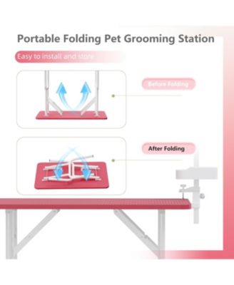 36" Large Dog Grooming Table, Foldable Adjustable Pet Station with Arms, Nooses & Mesh Drying Tray, Pink