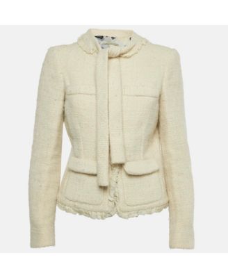 Women's Cream Tweed Ruffled Tie-Up Neck Detail Jacket