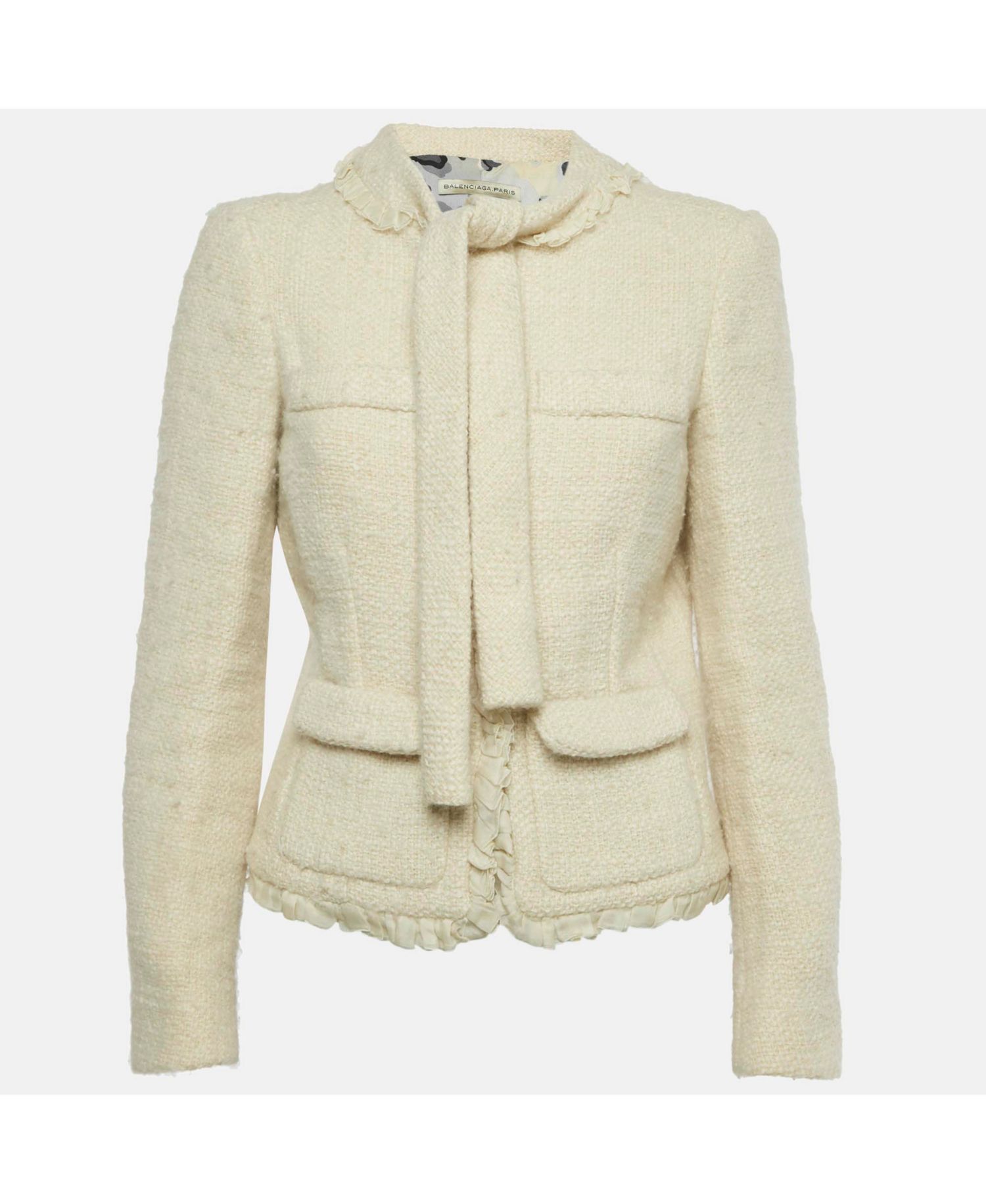 Women's Cream Tweed Ruffled Tie-Up Neck Detail Jacket