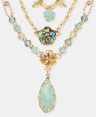 Mixed Stone Flower Layered Pendant Necklace, 16" + 3" extender