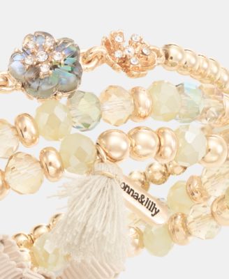 Colored Stone 3 Row Flower Beaded Stretch Bracelet