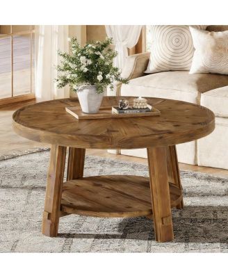 Solid Wood Coffee Table with Storage, 2-Tier Farmhouse Round Coffee Table for Living Room, Easy Assembly
