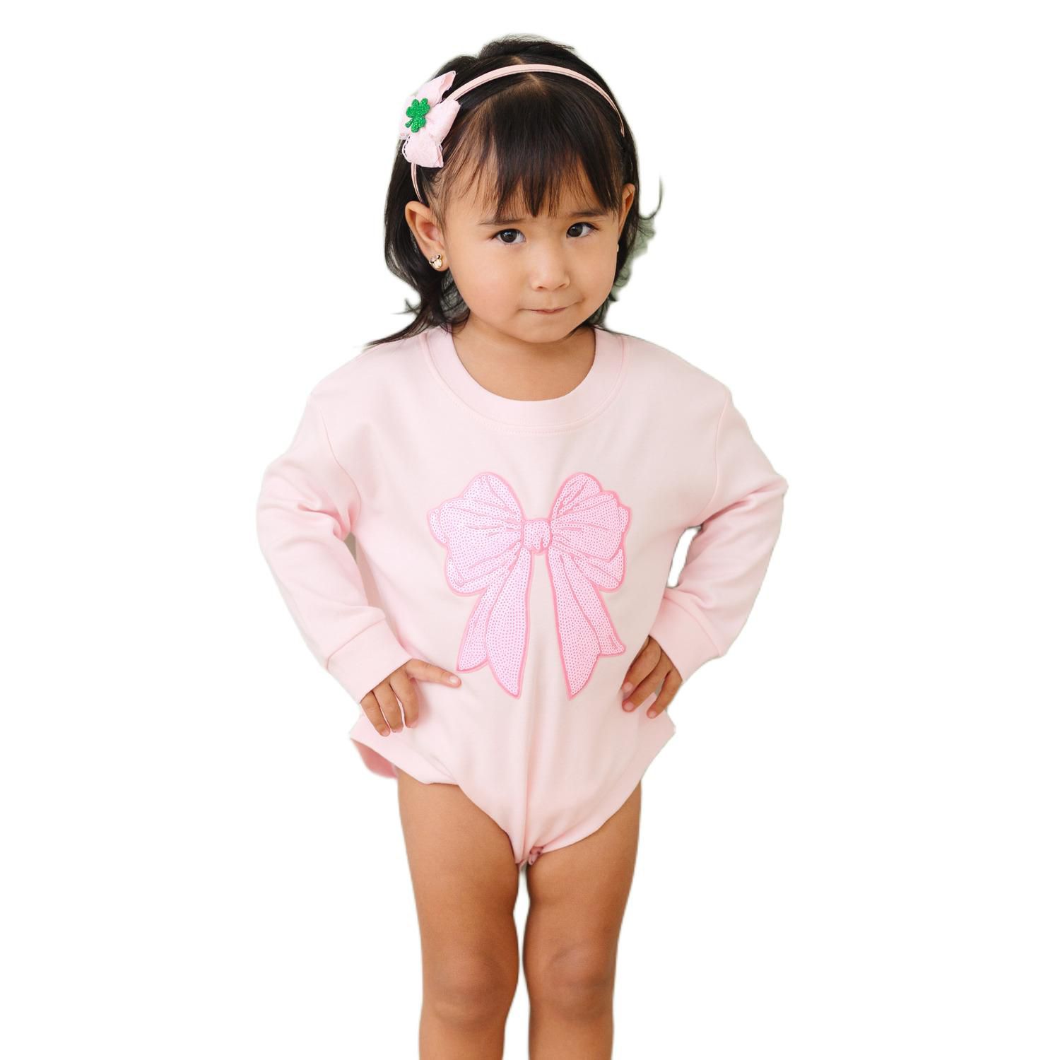 Baby Girls Pink Bow Sequin Patch Long Sleeve Romper