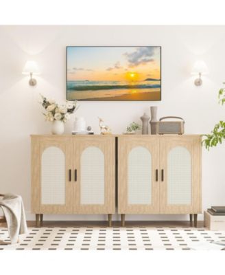 Set of 2 Rattan Sideboard Buffet Cabinet with 2 Doors, Farmhouse Kitchen Storage Cabinet with Adjustable Shelf