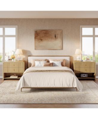 Oversized Nightstand with 2 Drawers Set of 2, 31.5" Large Wide Modern Bedside Table with Open Storage, Big Fluted Night Stand