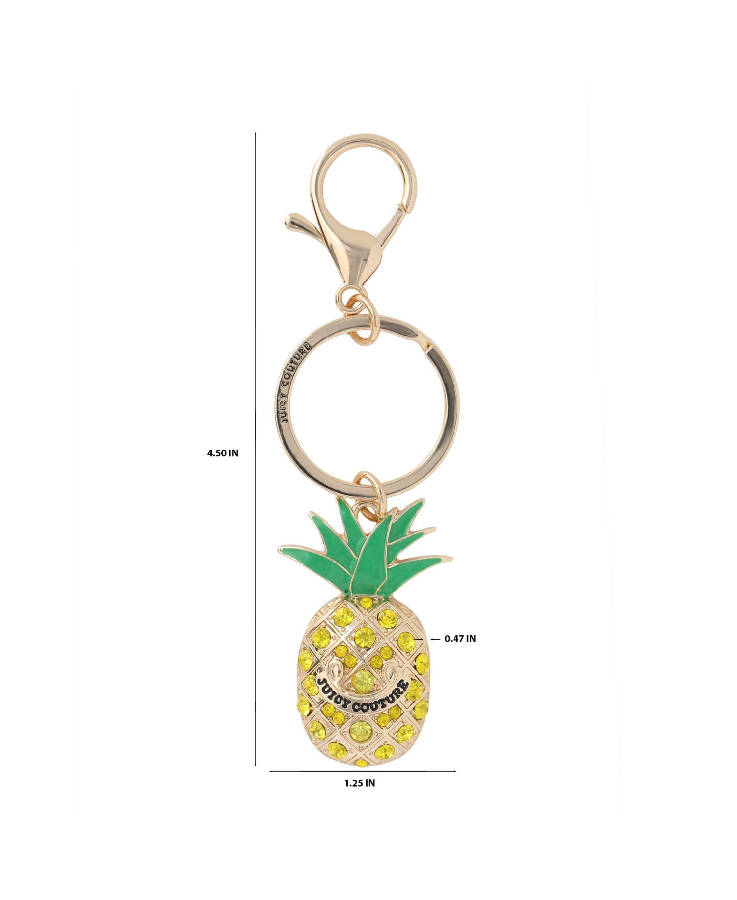 Crystal Pineapple Keychain, Gold Tone with Green Enamel Leaves