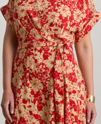 Plus Size Floral Belted Crepe Collared Neck Maxi Dress