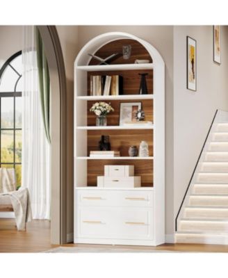 76.8" Tall Arched Bookcase, 5-Tier Bookshelf with File Cabinet Drawer, Modern Freestanding Wooden Bookshelves, Open Display Storage Shelves