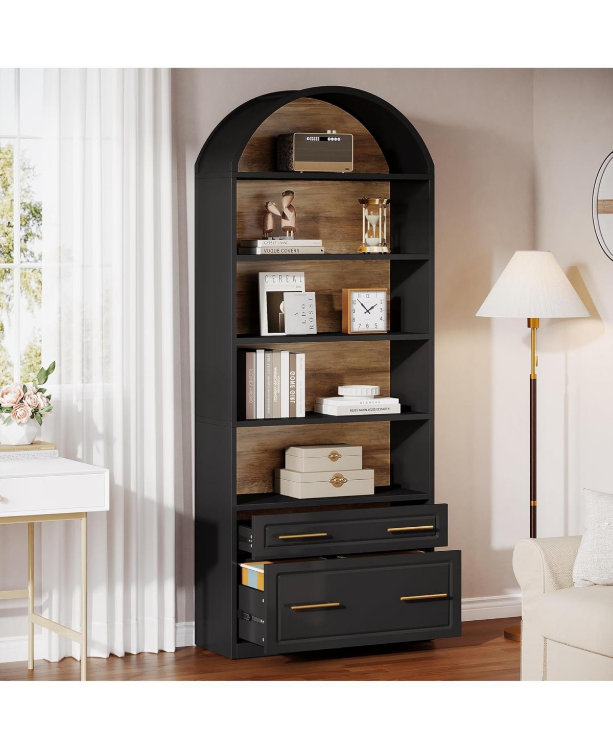 Tribesigns 76.8" Tall Arched Bookcase, 5-Tier Bookshelf with File Cabinet Drawer, Modern Freestanding Wooden Bookshelves, Open Display Storage Shelves