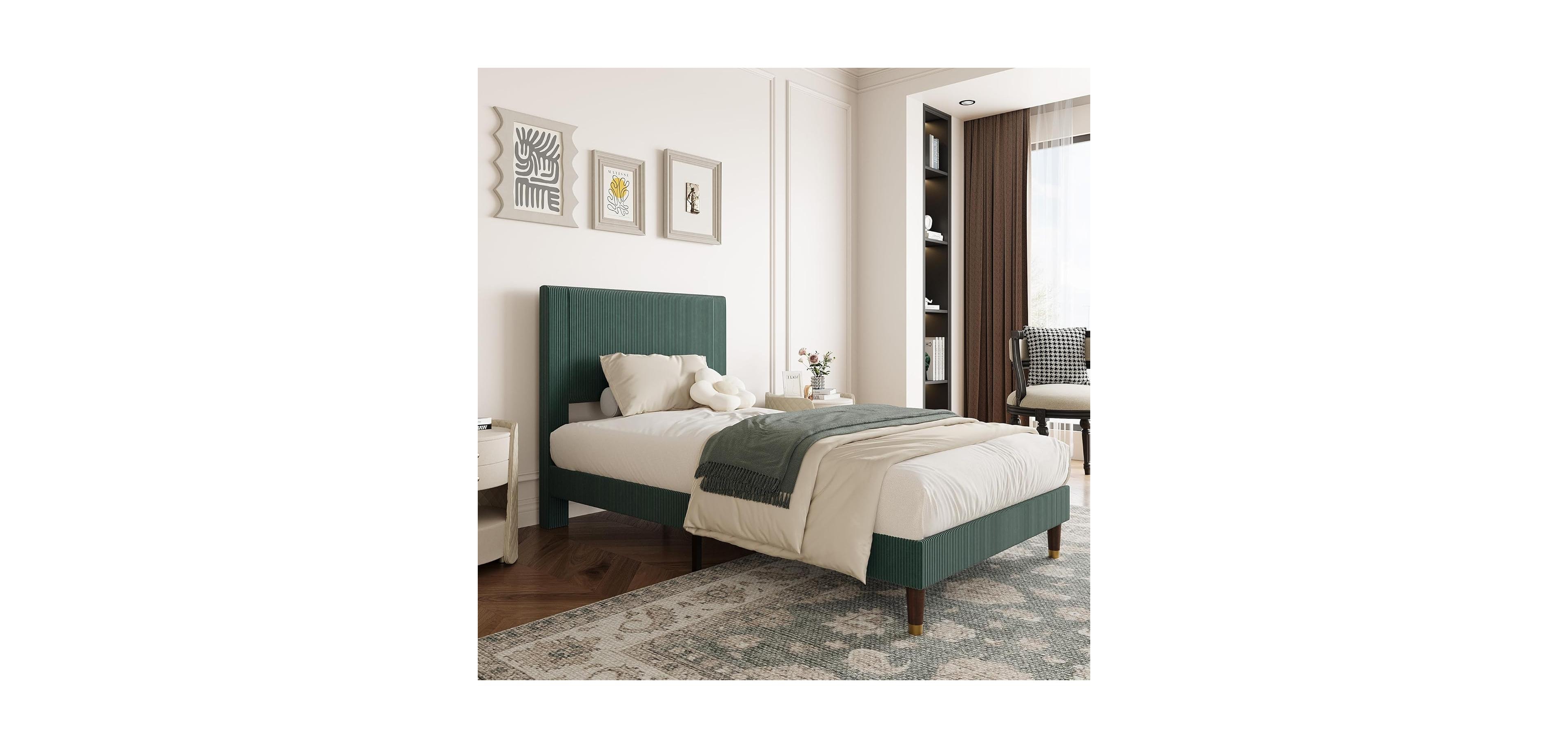 gaomon Twin Bed Frame with Headboard, Corduroy Upholstered Platform Bed with Wooden Slats Support - No Box Spring Needed & Noise Free, Easy Assembly