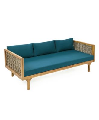 Weather Resistant Wicker Patio Conversation Set with Acacia Wood Coffee Table Water Resistant Thick Dark Teal Cushions for Garden Patio Deck