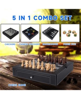 12.5" Premium Leather 5-in-1 Chess, Checkers, Backgammon, Poker Dice and Chinese Checkers Board Set