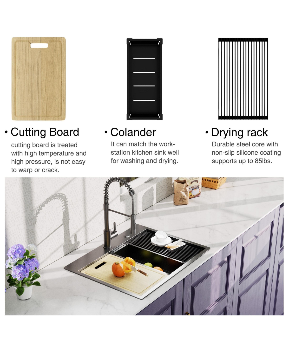 flynama 27x22x10inch Gunmetal Kitchen Sink Topmount Stainless Steel Worksation Single Bowl