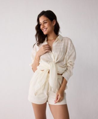 Women's Relaxed Shirt & Shorts Set Textured Cotton