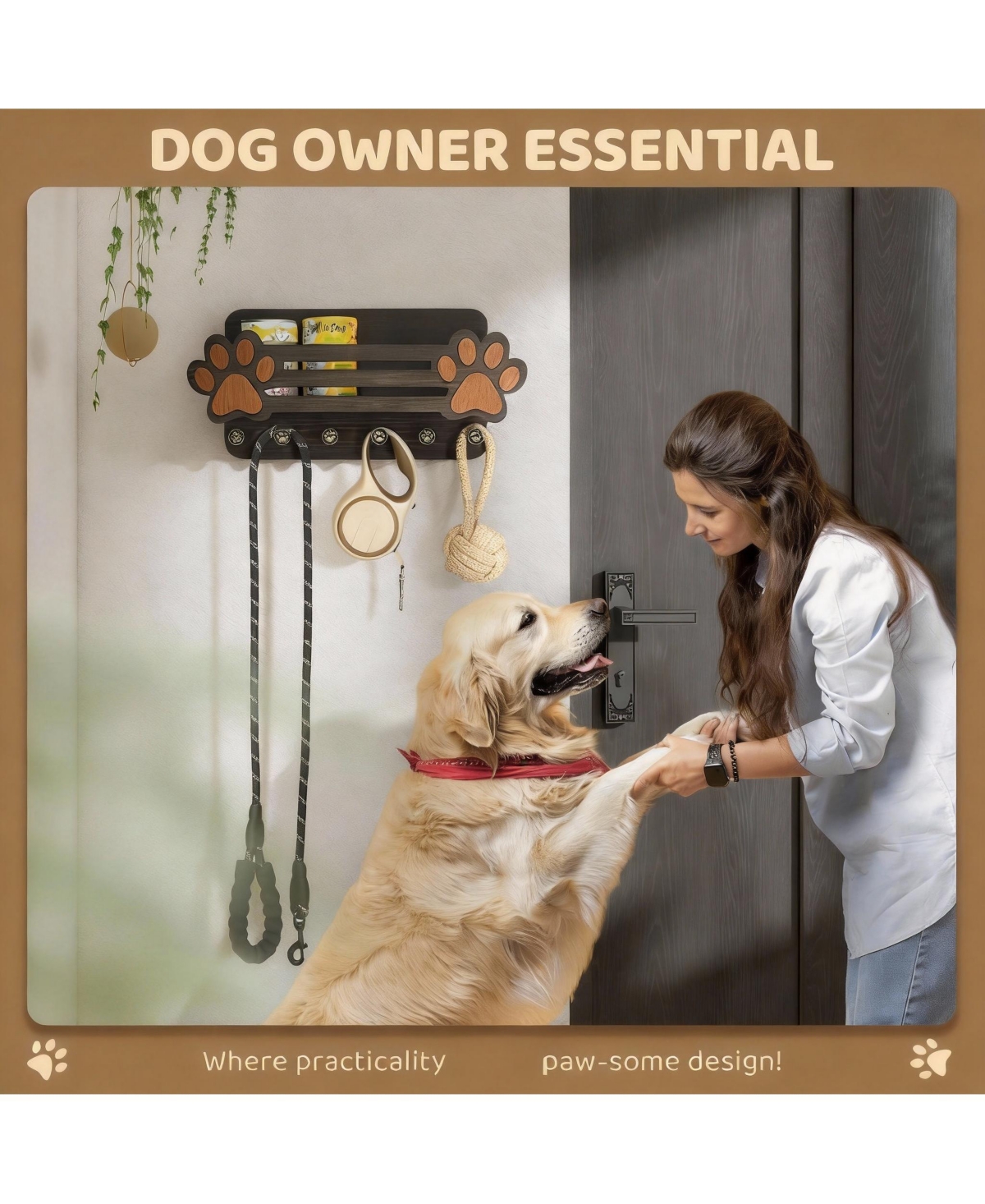 Yigii Cute Dog Paw Wall Organizer with Shelf & Hooks for Leashes and Accessories