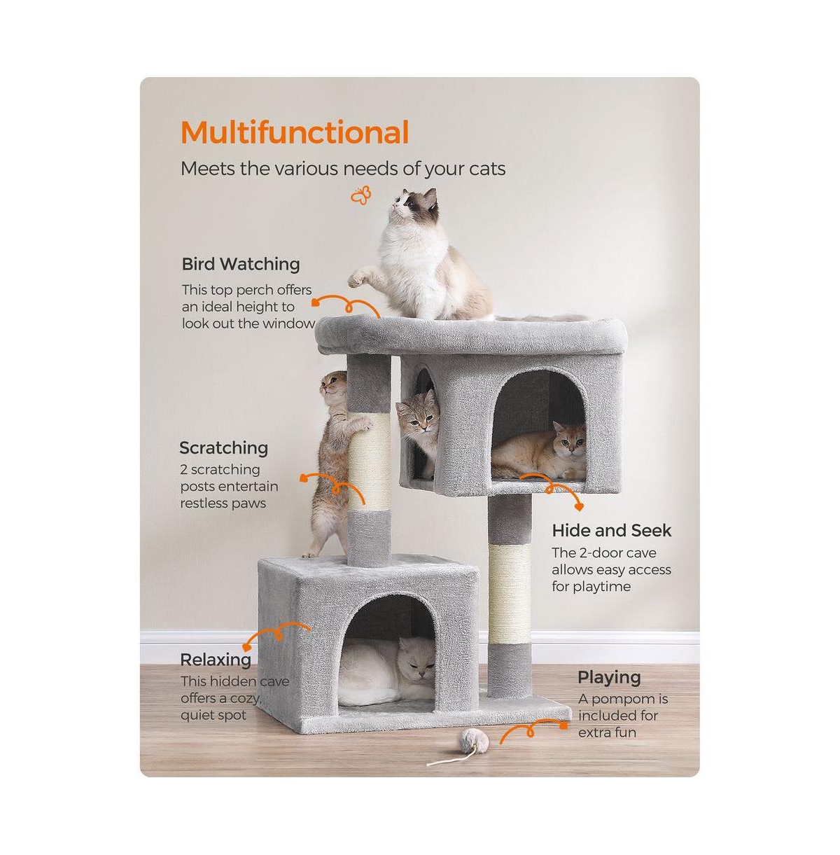 Cozito 39.8-Inch Cat Tree with Large Perch and 2 Cat Caves, Scratching Posts, Anti-Tip Kit, Indoor Use