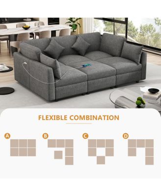 Gray U-shaped Sectional Sofa with Movable Ottoman & USB Ports