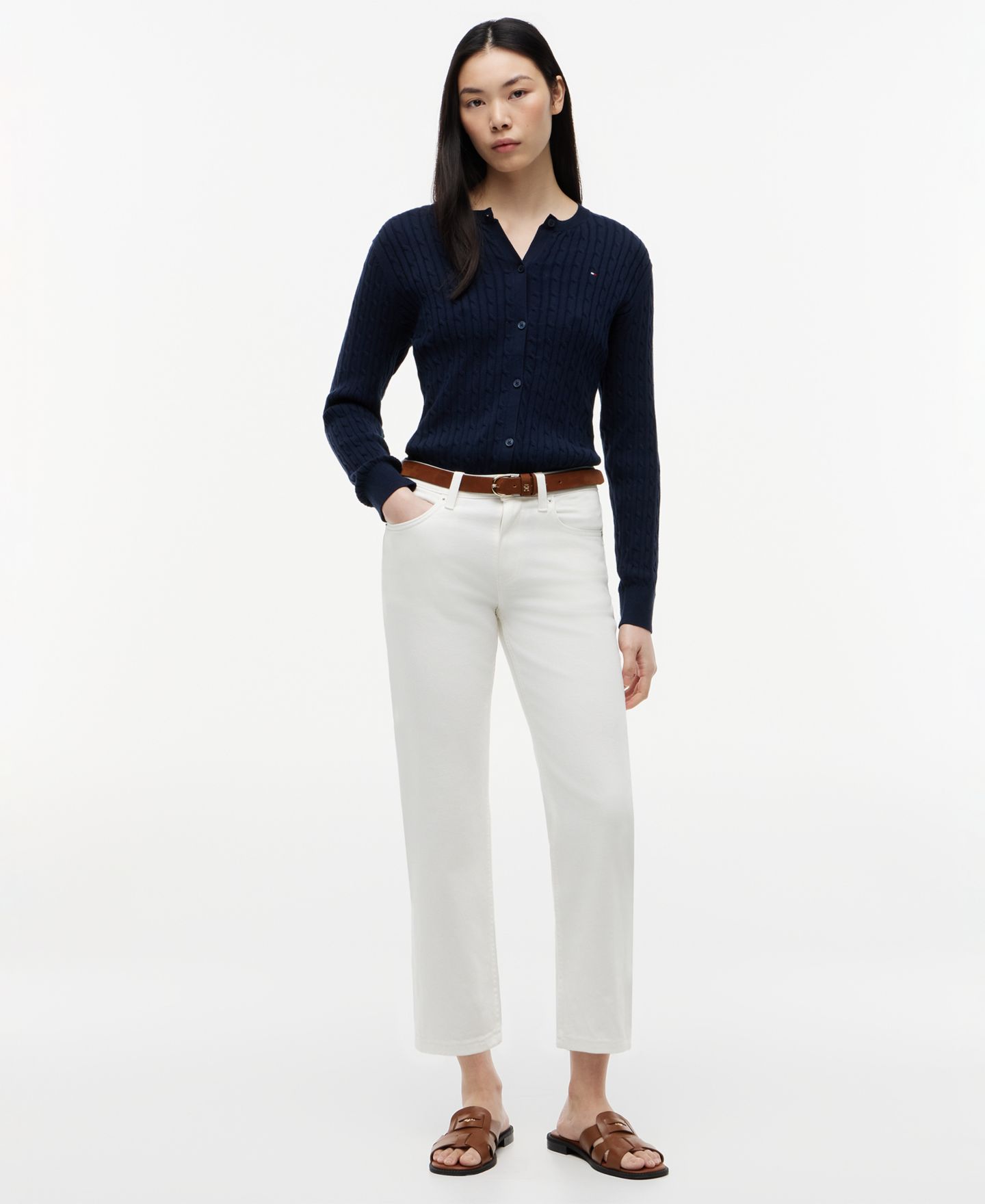 Женский кардиган Tommy Hilfiger Cable Knit Crew Neck Cardigan, цвет: Тёмный ночной тёмно-синий — фото 2