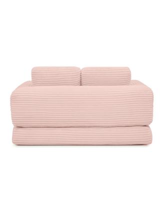 2-in-1 Folding Convertible Sofa Bed, Modern Corduroy Sleeper Couch with 2 Pillows, Pink