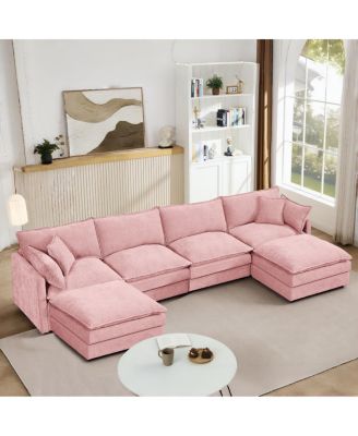 Modular U-Shaped 4-Seater Chenille Sofa with Movable Ottoman, Pink