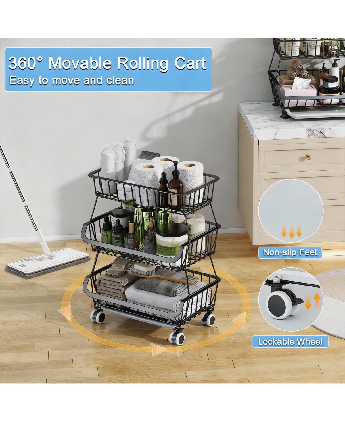 Yigii 3-Tier Wire Basket Storage Cart with Wheels for Kitchen Pantry
