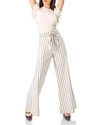 Women's Striped Bow-Belted Wide-Leg Trousers