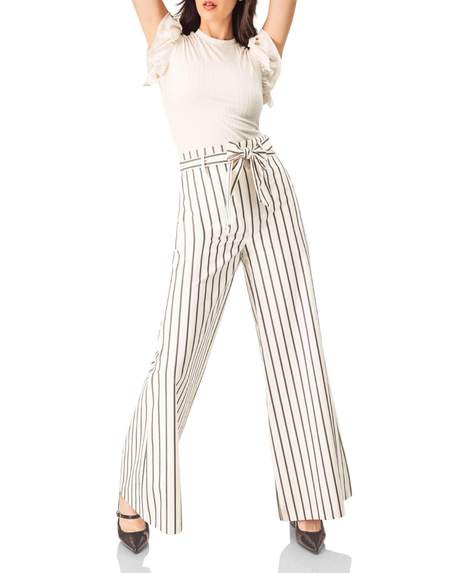 Women's Striped Bow-Belted Wide-Leg Trousers